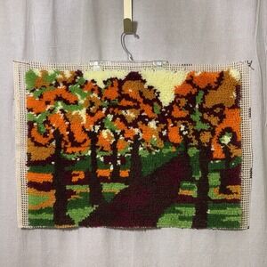 Vintage 70s Completed Latch Hook Rug Kit Wall Decor Fall Autumn Scene Boho Retro
